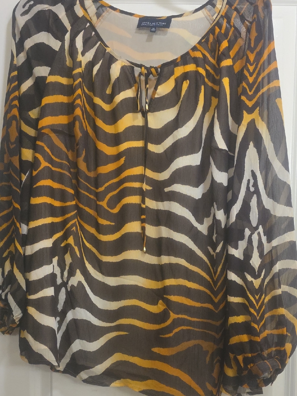 Jones New York Brown, Mustard & Cream Tiger-Stripe Peasant Top